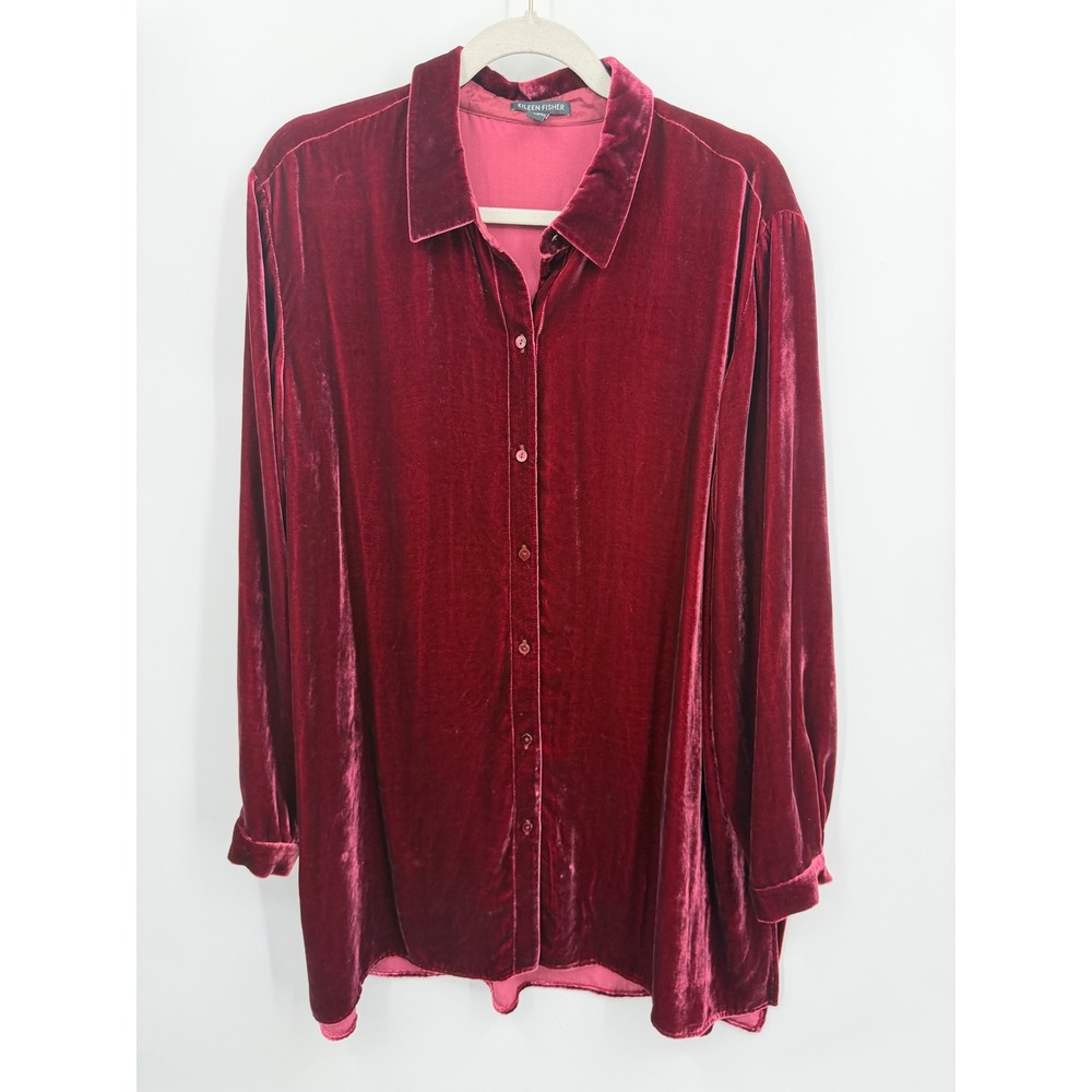 Eileen Fisher Velvet Shirt Women‎ Large Burgundy Silk Blend Button Front Tunic